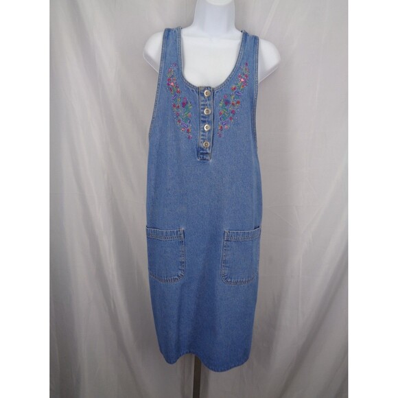 Paul Harris Denim Embroidered Floral Jean Jumper Dress Size Medium Vintage 90's - Picture 1 of 8